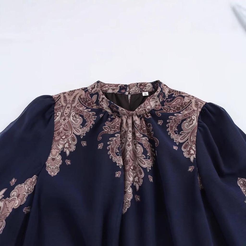 2025 Spring Women's European & American Stand-Up Collar Casual Print Dress