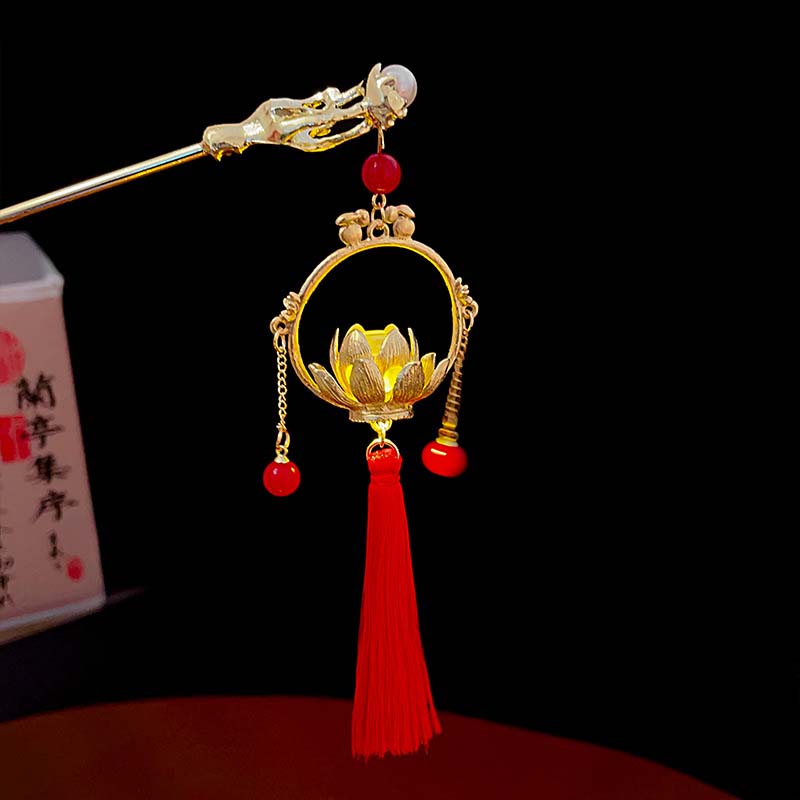 Chinese Rabbit Lantern Hair Pin Clips Hair Sticks LED Light Hair Accessories for Women Kids Retro Lotus Flower Tassel Headpieces