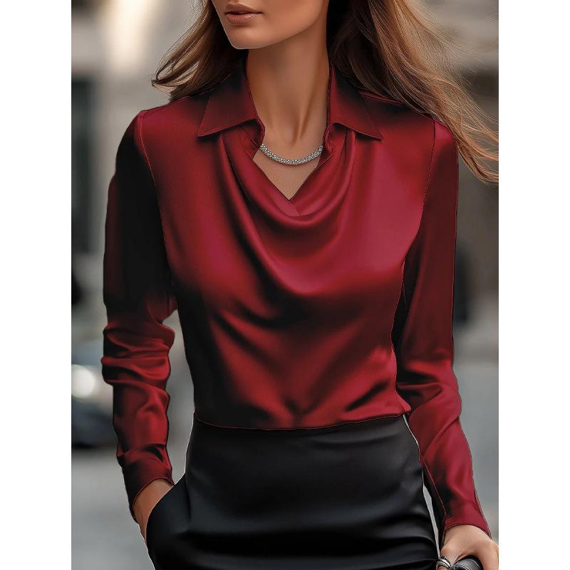 2025 Shein Elegant Long Sleeve Satin Swing Collar Top for Women - Spring/Autumn