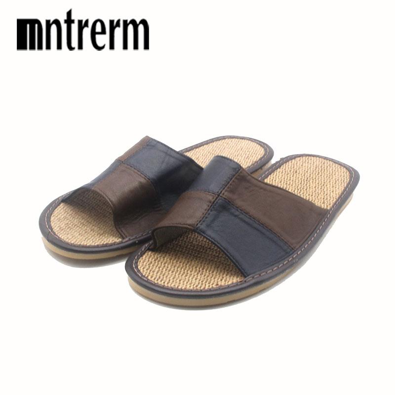 Mnterrm Hot Sale Men Home Slippers Linen Home Slippers Indoor Bedroom Sandals Couple Sheepskin Leather   Floor Slippers