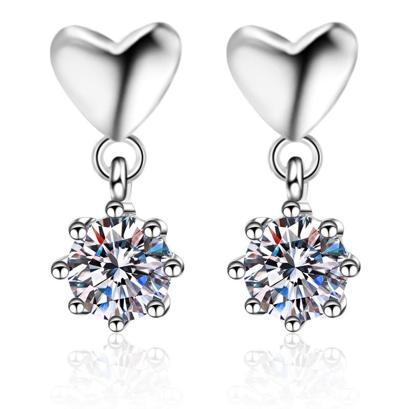925 Silver Earrings Female Mossan Stone Simple Heart Earrings Plated Pt950 Gold