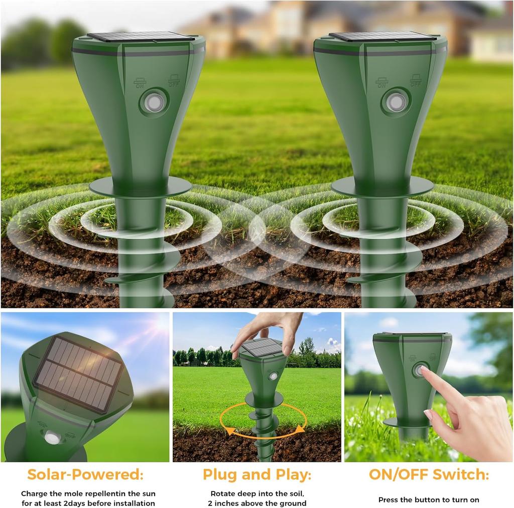 Mole Repellent Solar Powered, 2024 Upgrade IPX7 Waterproof Gopher Vole Repellent for Lawn Garden Yard, Repellent Rat, Squirrel, Skunk, Mole, 4 Pack