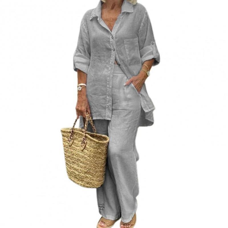 2026 Spring and Summer Cross-border New Foreign Trade Women's Clothing Lapel Long-sleeved Cardigan, Top and Pants Two-piece Set