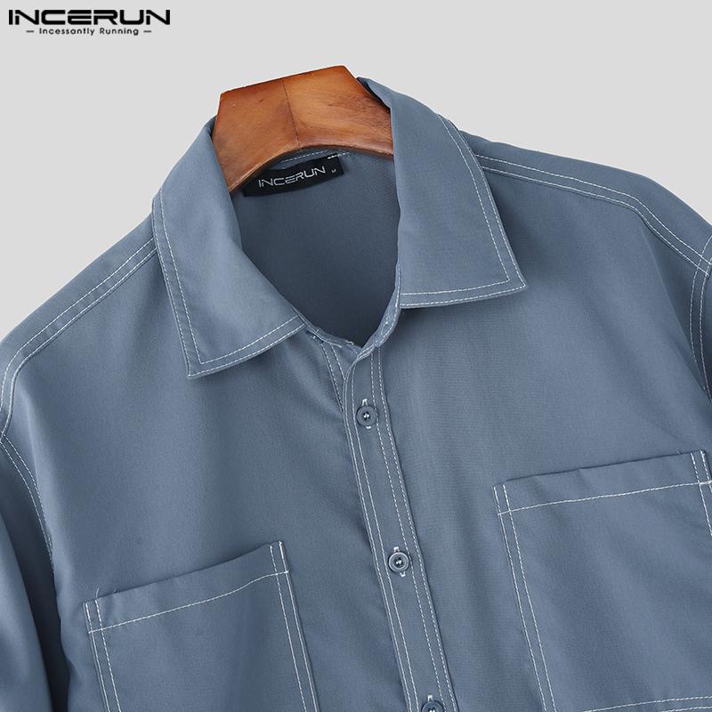 INCERUN Two Pieces Men Lapel Neck Short Sleeve Shirt Long Straight Pants Sets Outfits