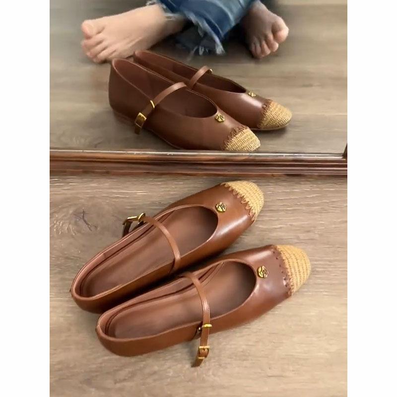 Sheepskin Version~ Retro Camellia Small Fragrant Mary Jane Shoes for Women with Round Head Straw Woven Skirt Single Shoes