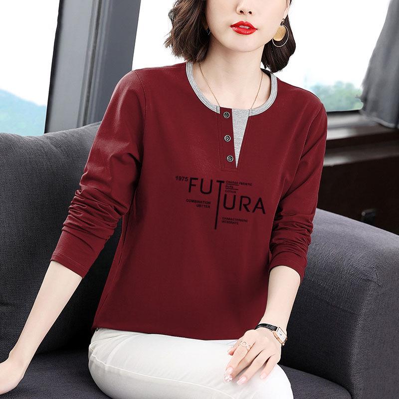 Women's Plus Size Pure Cotton Long Sleeve T-Shirt - 2025 Fashion, Loose Fit, Belly Covering, Perfect for Middle-Aged Moms, Autumn/Winter Top
