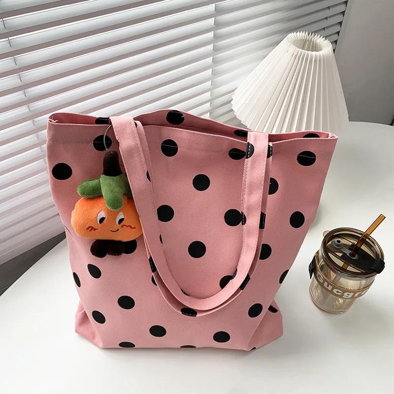 Pink Canvas Bag Women's Shoulder Polka Dot Simple Versatile Large Capacity Student Shopping Bag