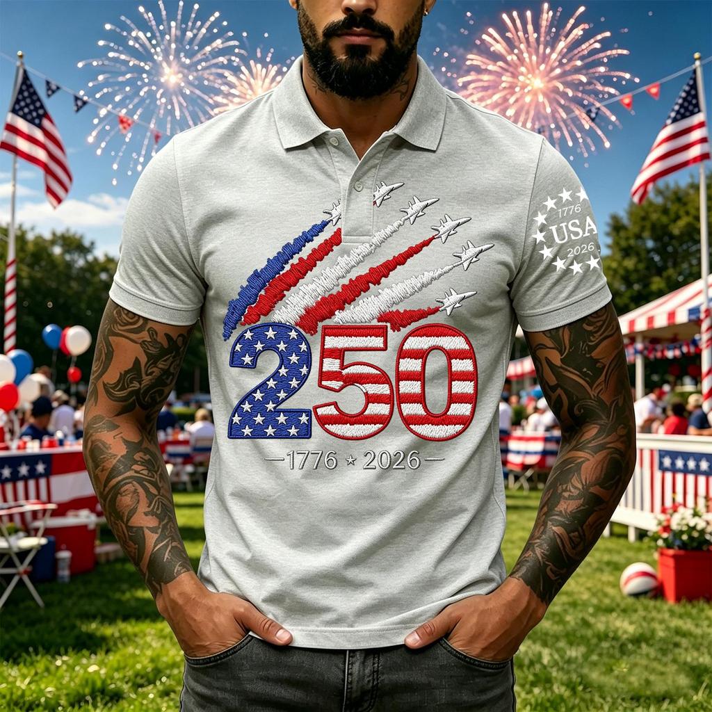 Men’s Short Sleeve Polo Shirt with Independence Day 250th Anniversary Printed Design Casual Fit Button Down Collar