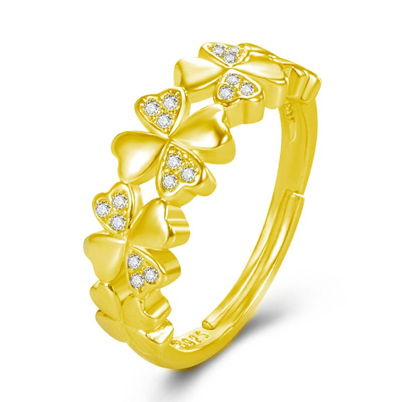 New Temperament Lucky Ring Grass Set Diamond Zircon Ring Open Ring 