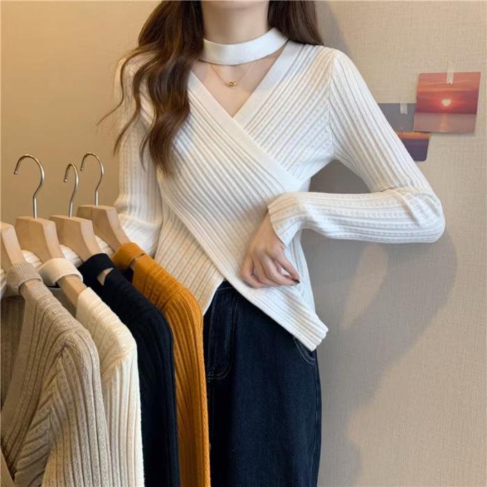 White Cross V-Neck Knit Sweater for Women - Slim Fit, Irregular Halter, Trendy Korean Style