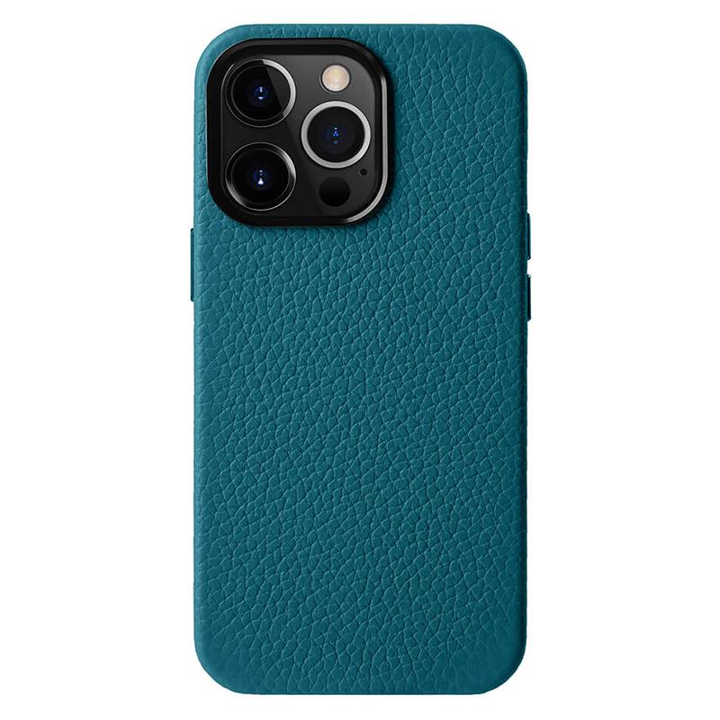 

MELKCO For iPhone 13 Pro Max 6.7 inch Shockproof Case Metal Lens Frame+Genuine Cow Leather+Microfiber Leather+PC Phone Shell Blue