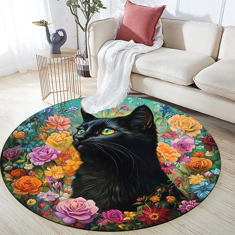 Black Cat Floral Round Area Rug,Carpet Rug for Living Room Bedroom Sofa Playroom Decor,Non-slip Floor Mat