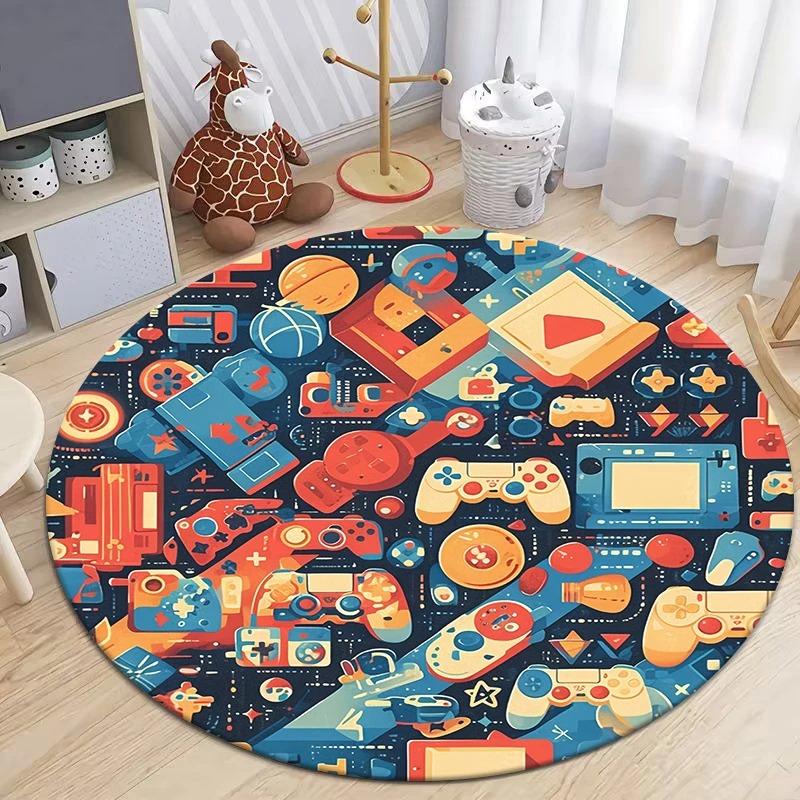 Game Controller Round Area Rug Cartoon Gamer Carpet Rug for Living Room Children's Bedroom Sofa Decor Non-slip Floor Mat