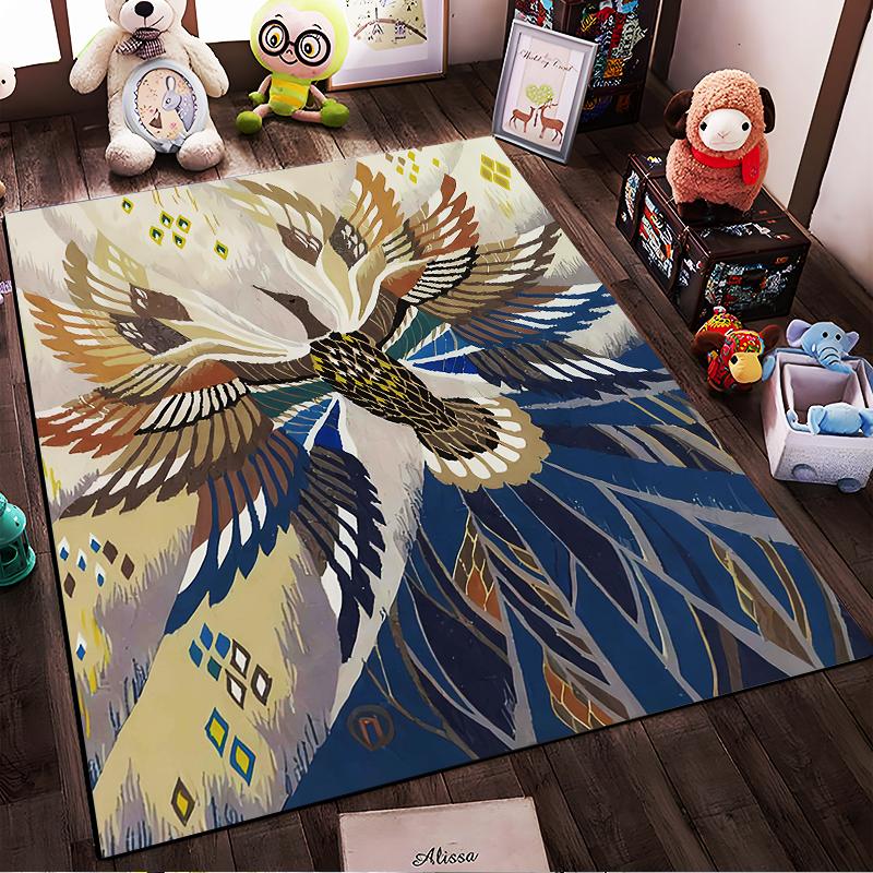 Abstract Artistic Bird Pattern Carpet with Blue and Beige Wing Design Suitable for Use As an Anti-slip for Living Room Bedroom Sofas