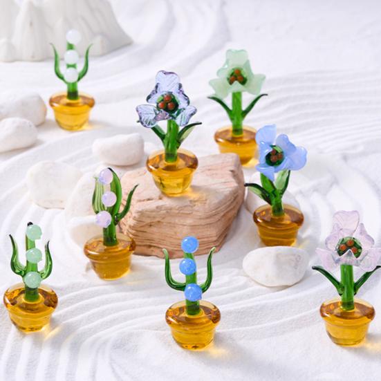 Mini Glass Flower Figurine Transparent Hand Blown Faux Crystal Flower Bouquet In Pot for Birthday Mother's Day Wedding Women Mom Office Home Table