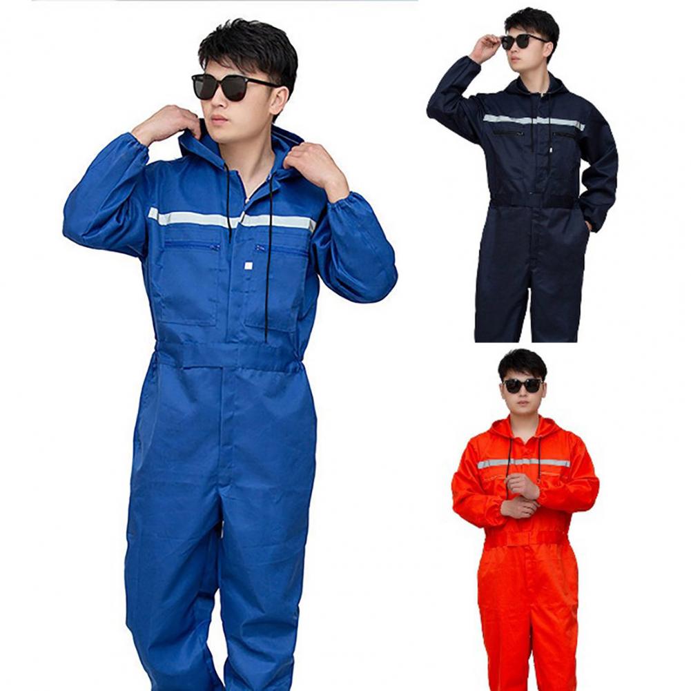 Unisex Work Overalls Hooded Drawstring Wear-resistant Reflective Zipper Work Clothes Loose Pockets Safety Worker Coveralls