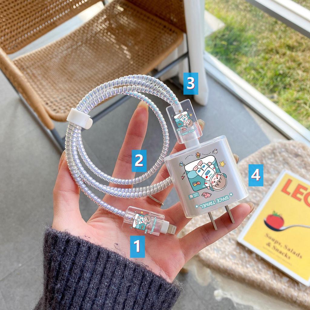Apple Data Cable Protection Kit: 20W Charging Head, Transparent Cartoon Design, 4-Piece Set