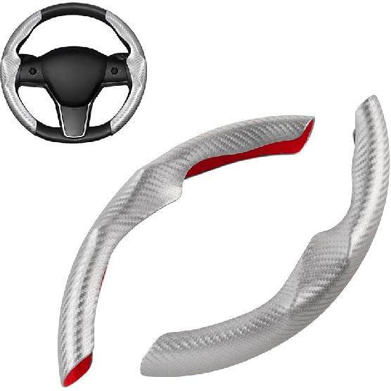 Grey Steering Wheel Cover For Tesla Model 3/Y 2016-2025 2026 Juniper/Highland | Non-Slip, Segmented, -Fit, Carbon Fiber | Model Y Juniper Accessories
