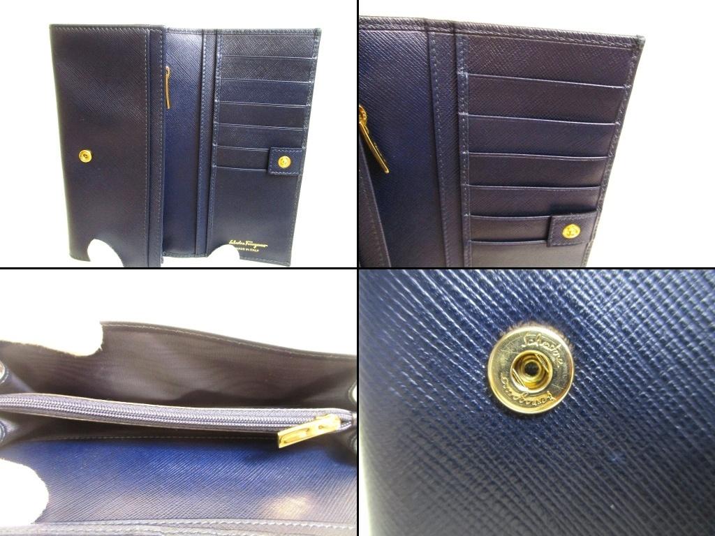 Authentic Salvatore Ferragamo Gancini Navy Blue Leather Gold H/W Flap Long Wallet #b230 Open box