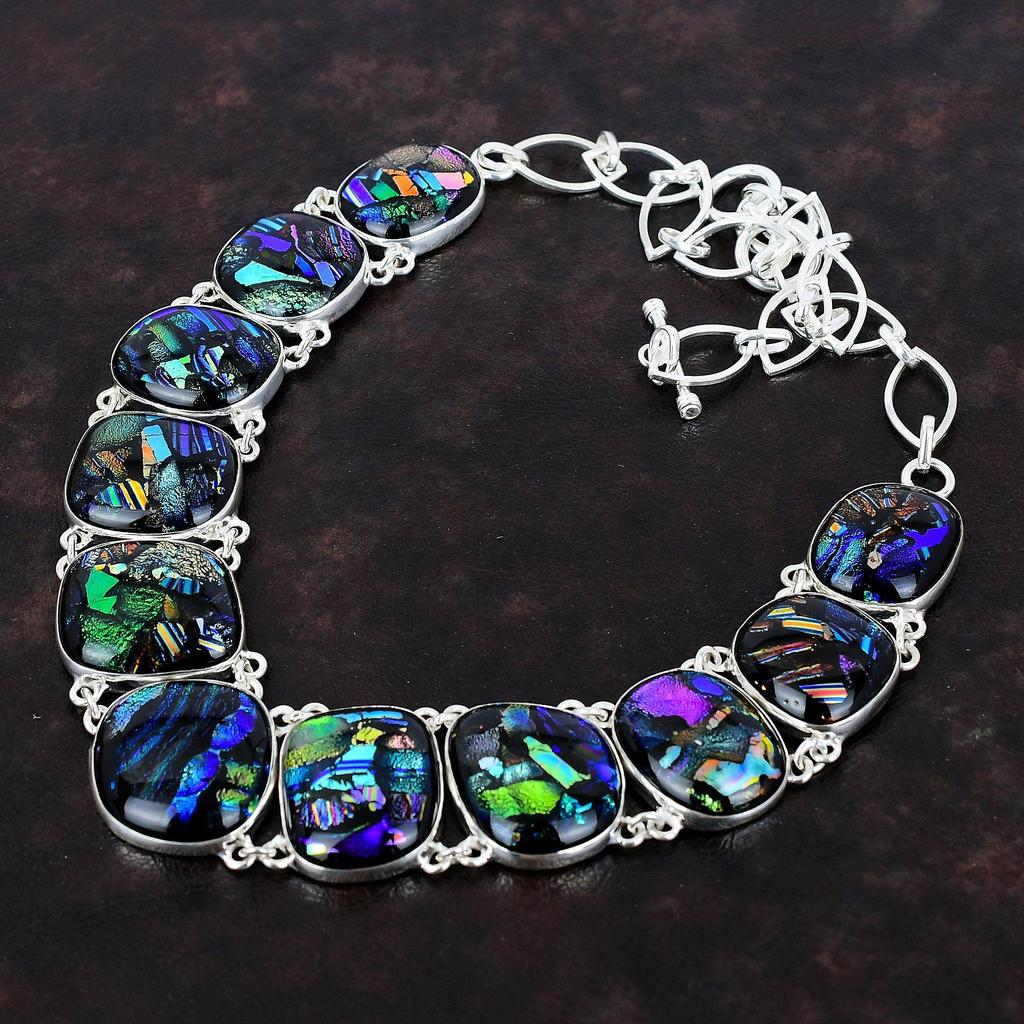 American Dichroic Glass Necklace Original Gemstone Necklace 925 Sterling Silver Necklace Adjustable Chain Necklace Handmade Jewelry For Gift
