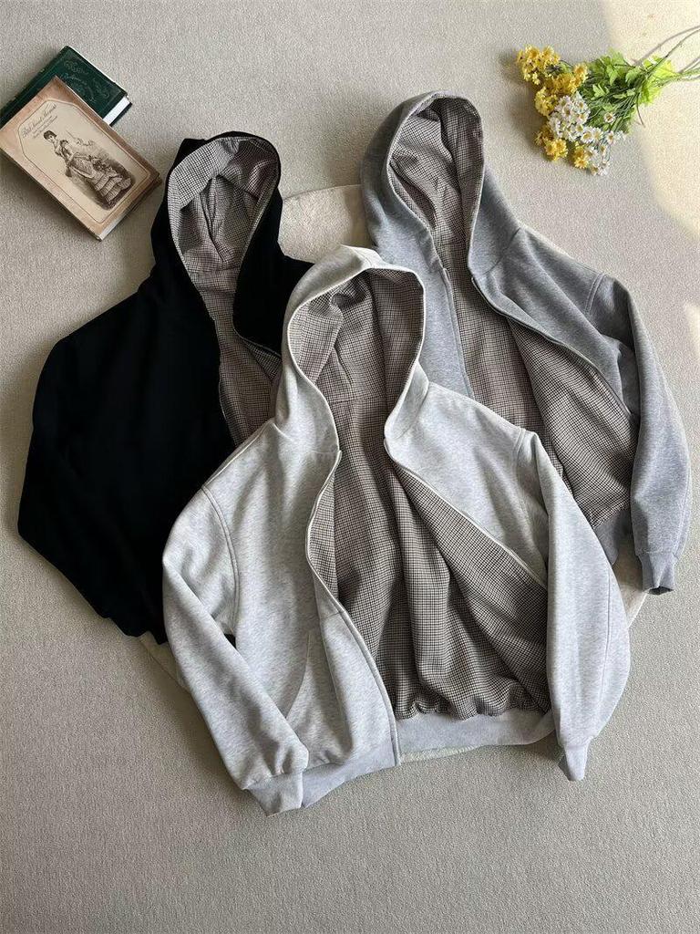 Men’s Reversible Plaid Hooded Zip-Up Sweatshirt – Casual, High-End, Loose Fit for Spring & Autumn