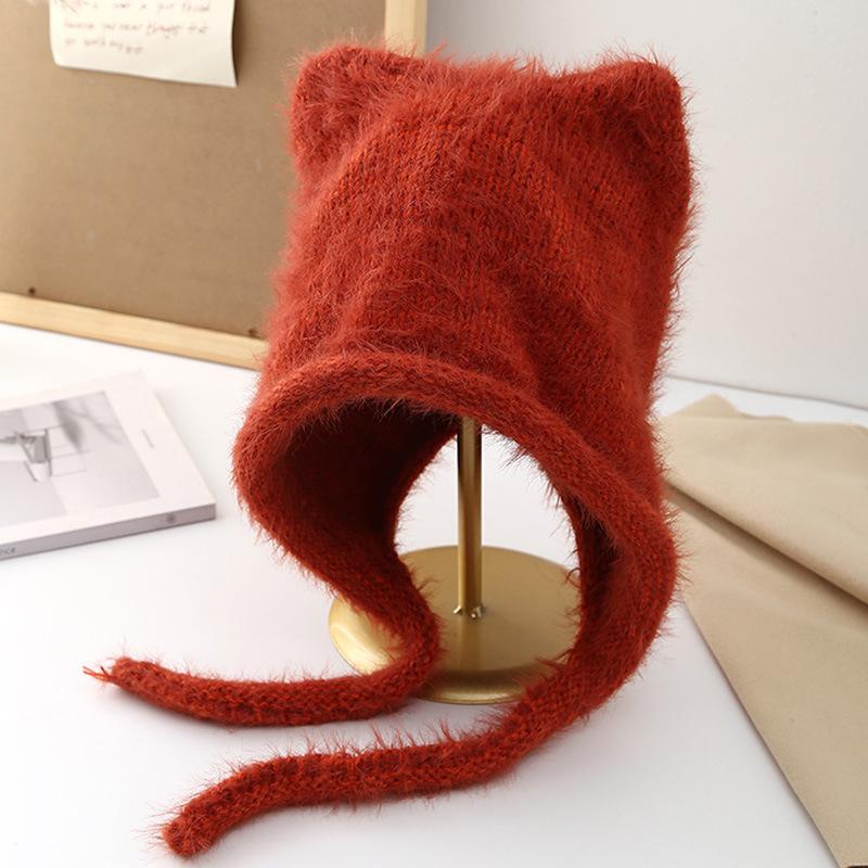 New Rope Cute Cat Ears Knitted Hat Autumn and Winter Warm Ear Protection Hat Fashionable Face Small Wool Hat