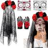 Party Ready Gothic Lace Hairpiece Set with Rose Trim and Matching Gloves for Halloween Cosplay Costume Looks and Photos