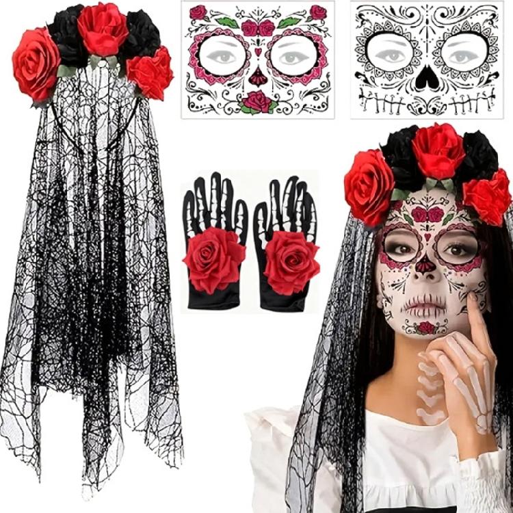 Party Ready Gothic Lace Hairpiece Set with Rose Trim and Matching Gloves for Halloween Cosplay Costume Looks and Photos
