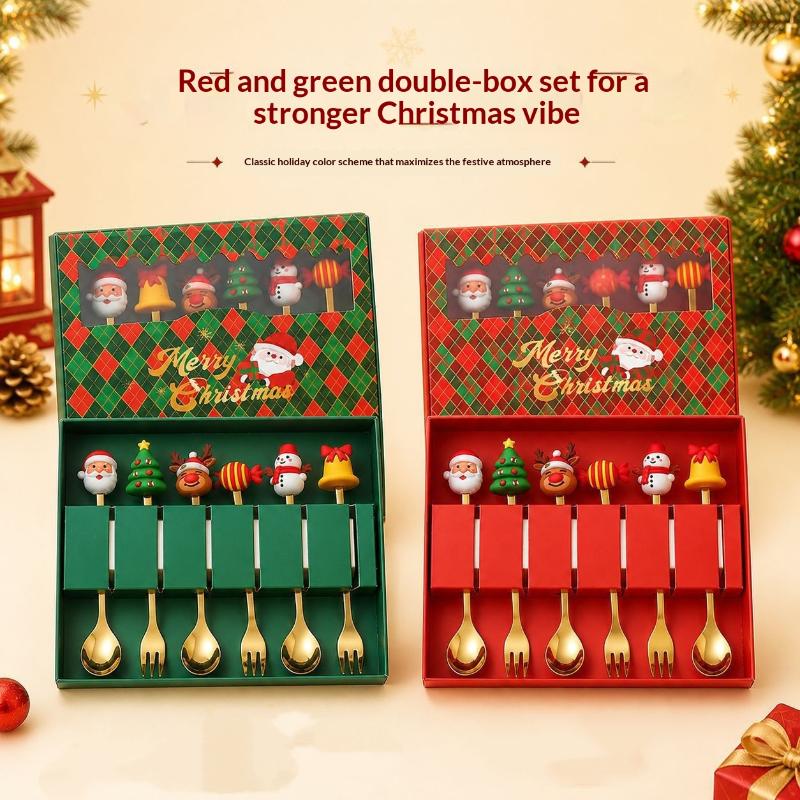 4/6Pcs Christmas Fork And Spoon Set,Stainless Steel Creative Tableware,Coffee Tea Dessert Forks And Spoons Gift Set