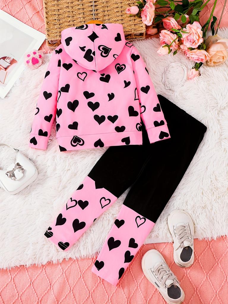 Fall and winter fashion girls' baby sets, cute cat + heart pattern hooded sweatshirt + pants, casual and simple, suitable for outdoor activities.