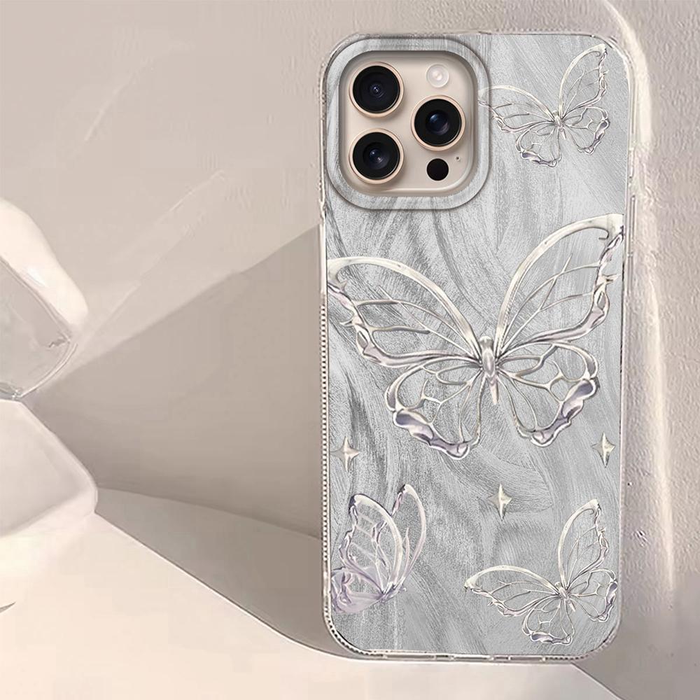 Laser Silver Butterfly Feather Texture Women Phone Case for iphone 16 15 14 7 8 Plus 13 11 12 Pro Max X XS XR SE 2022 16e Cover