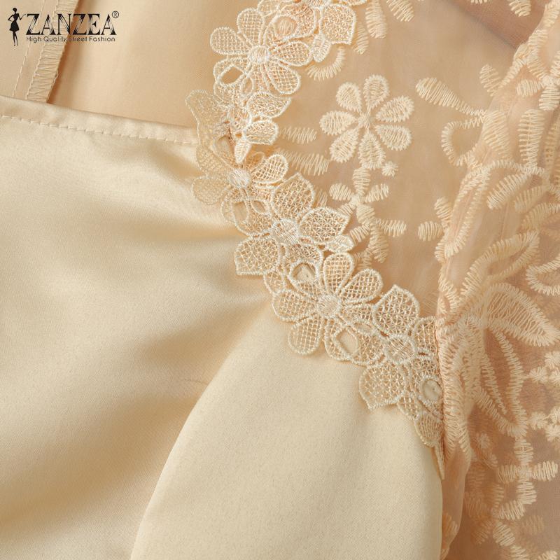 ZANZEA Women Square Neck Casual Lace Splice Half Sleeve Satin Blouse
