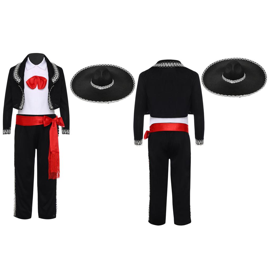 5Pcs Traditional Mariachi Dress Up Costume for Kids Vest Pants Jacket Belt and Hat Halloween Mexican Fiesta Outfit