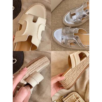 Silver One-word Thick-bottomed Wedge Heel H Cool Slippers Women's 2025 New Fashion Versatile Straw-woven Vacation Beach Slippers