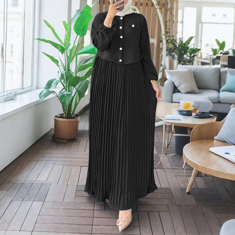 ZANZEA Women Casual Round Neck Loose Long Sleeve Pleated Long Dress