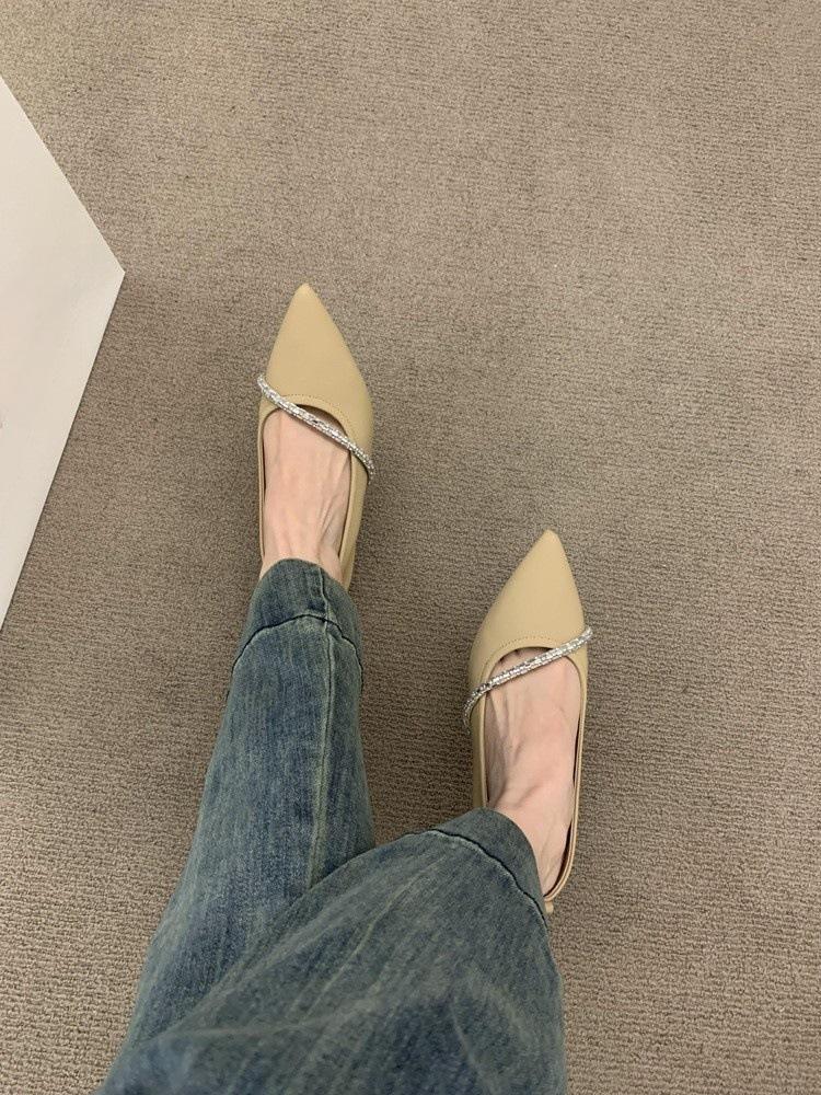 

French temperament fairy wind shallow mouth pointed single shoes women s shoes rhinestone word with versatile commuter thick heel grandma shoes 40