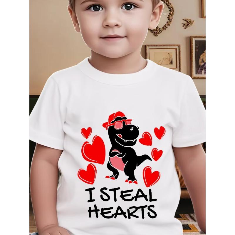 

European sizes Boys I STEAL HEARTS Dinosaur Heart T-Shirt - Short Sleeve Round Neck Casual Spring Summer Top with Heart Print & Patch for & Kids 164cm білий