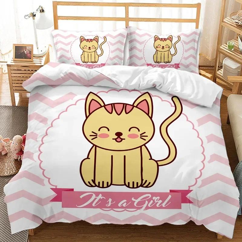 Cute Cartoon Animals Pink Toddler Funny Cat Comfortable Duvet Quilt Cover Pillowcase Bedding Set Bedroom Decoration Home Textile