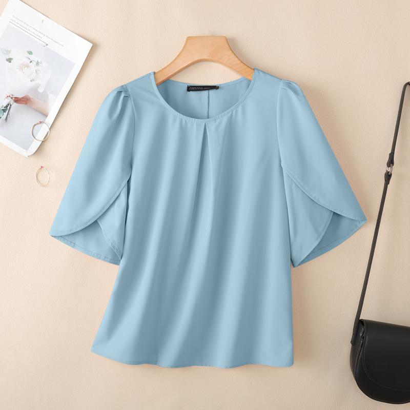 

ZANZEA Женская повседневная блузка с круглым вырезом, однотонная, с коротким рукавом 3XL синий