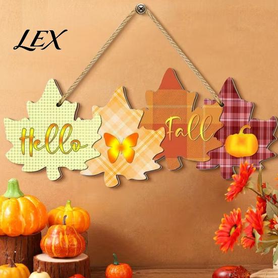 Thanksgiving Porch Decor Autumn Welcome Sign with Hanging Rope for Front Door, Rustic Maple Leaf Shape Wood Harvest Festival Wall Ornament Pumpkin And