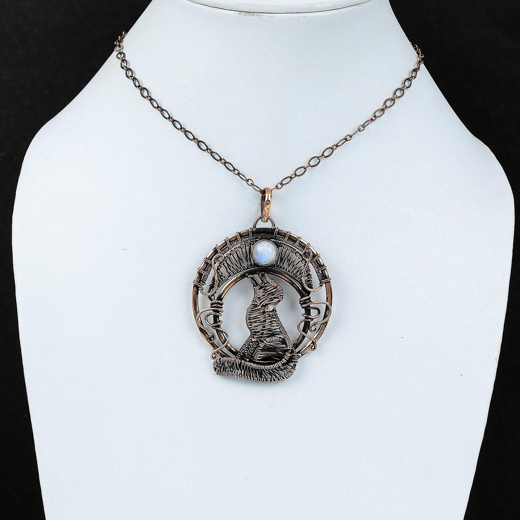 Mondstein-Edelstein, reiner Kupferdraht, umwickelt, handgefertigter Anhänger-Schmuck für Weihnachtsgeschenk