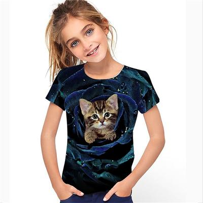 2025 Cartoon Katze 3D Druck Spaß Mädchen T-Shirt Tier Baby Mädchen T-Shirt Sommer Casual Bequem Atmungsaktiv Kurzarm
