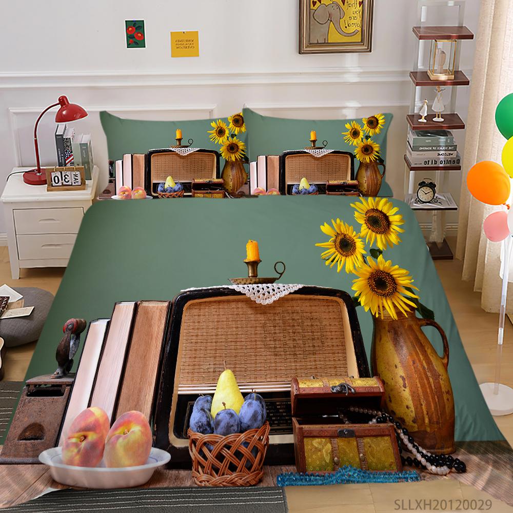 Sunflower Pattern Deluxe Household Bedding Set Full-size Quilt Cover and Pillowcase Plant Print Washable and Comfortable Bedroom Bedding