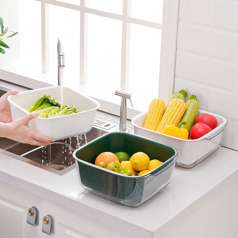 Double-Layer Drain Basket Set: 2-Piece Kitchen & Fruit Washing Basin