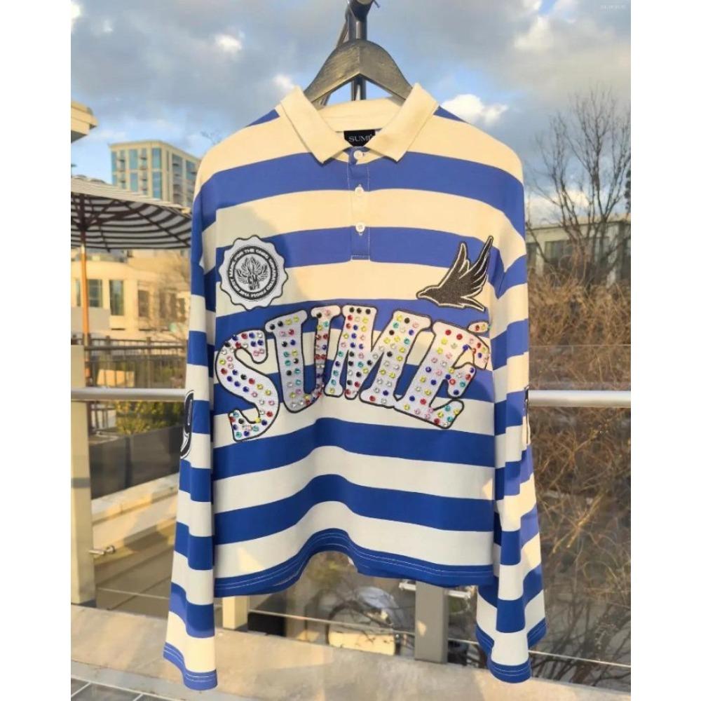 RogueWave Hip Hop Embroidery Stripe Polo Shirt Y2k Retro Fashion Classic Lapel Neck Shirt Long Sleeved T Shirt