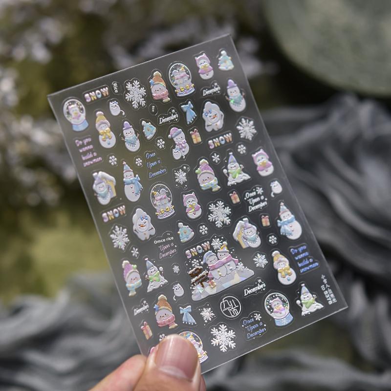 

Enchanting Winter Fantasy Kids Nail Stickers: Small Snowman and House Designs