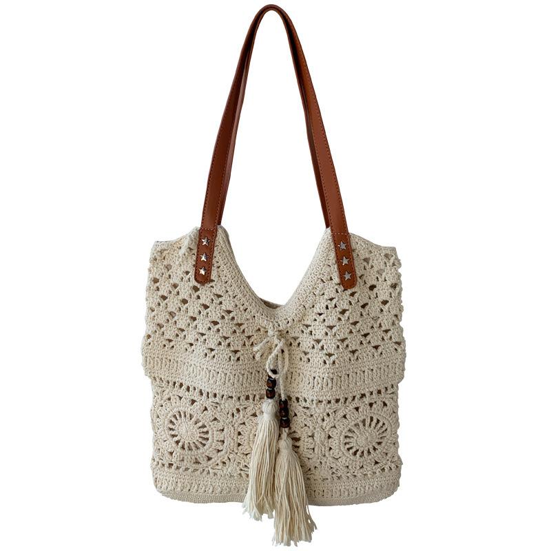 Large Capacity Single Shoulder Cotton Thread Woven Bag, Women's Hollow Mesh Tote Bag, Beach Vacation Beach Bag