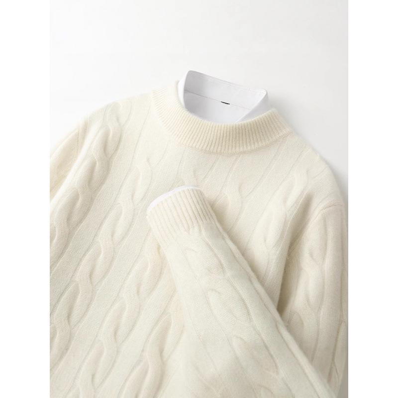 Men's Pure Wool Thick Cable Knit Sweater - Round Neck Solid Color for Autumn and Winter