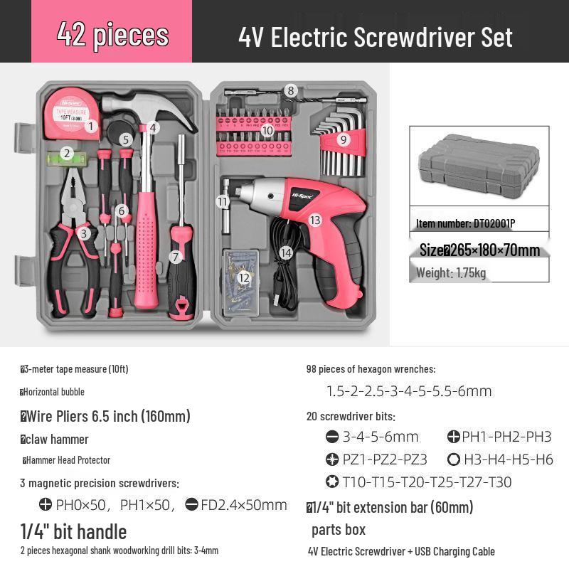 HiSpec Pink Household Tool Set with Wrench, Pliers, Hammer, Electric Screwdriver, and Toolbox
