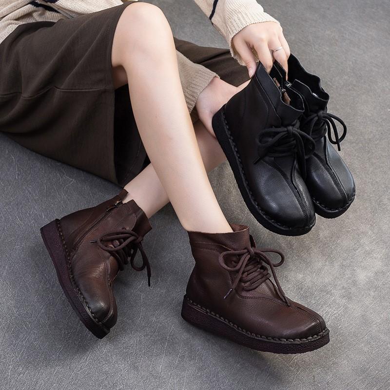 Johnature Retro Lace Up Flat Short Boots Genuine Leather Comfortable Versatile Women's Shoes